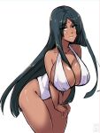  absurdres ayanobro bangs black_hair breasts cleavage dark_skin facial_mark fate/grand_order fate_(series) green_eyes highres huge_breasts lips long_hair parted_bangs scheherazade_(fate) seductive_smile smile swimsuit thighs white_swimsuit wide_hips 