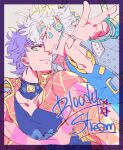  battle_tendency black_shirt bloody_stream blue_eyes blue_shirt bracelet caesar_anthonio_zeppeli collar facial_mark feather_hair_ornament feathers green_eyes hair_ornament headband heads_together headset jacket jewelry jojo_no_kimyou_na_bouken joseph_joestar joseph_joestar_(young) looking_at_viewer purple_jacket red_jacket senzzang shirt spider_web_print v-neck 