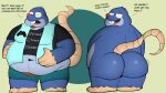  2022 absurd_res anthro belly big_butt blue_body bottomwear butt clothing dylan_(the_human_heart) english_text eulipotyphlan eyes_closed eyewear glasses hi_res male mammal mole_(animal) navel overweight overweight_male sebboh shirt shorts solo text the_human_heart_(game) topwear video_games visual_novel 