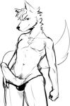  2019 anthro big_penis black_clothing black_thong black_underwear canid canine cheek_tuft chest_tuft clothed clothing crotch_tuft ear_piercing facial_tuft genitals glans head_tuft humanoid_genitalia humanoid_penis looking_at_viewer low_res maceduu male mammal monochrome penis piercing smile smiling_at_viewer solo thong thong_only topless topless_anthro topless_male tuft underwear underwear_only vein veiny_penis 