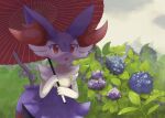  1girl alternate_color animal_ear_fluff animal_ears animal_nose blue_flower body_fur braixen cloud cloudy_sky commentary_request day flower fox_ears fox_girl fox_tail fur_collar furry furry_female grey_sky hands_up holding holding_umbrella komunyan oil-paper_umbrella open_mouth outdoors plant pokemon pokemon_(creature) purple_flower purple_fur red_eyes shiny_pokemon sky snout solo standing stick tail two-tone_fur umbrella white_fur 
