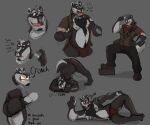  2022 anthro badger black_body black_nose bottomwear bulge butt clothing dippubear english_text hat headgear headwear hi_res humanoid_hands jack-o&#039;_pose jockstrap lying male mammal multiple_poses mustelid musteline nipples pants pose shirt slightly_chubby solo text tongue tongue_out topwear underwear white_body 