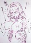  1girl blush braid breast_grab breasts closed_eyes commentary_request copyright_request glasses grabbing highres large_breasts long_hair monochrome motion_lines nipples open_mouth solo_focus sweatdrop traditional_media translation_request tsukareta_san 
