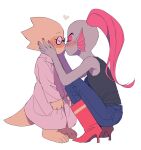  alphys animal_humanoid anthro biped blue_body blue_skin blush boots bottomwear clothing coat crouching duo ear_fins female fin fish fish_humanoid footwear hair humanoid kissing lab_coat marine marine_humanoid ouse pants ponytail scalie shirt simple_background tank_top topwear undertale_(series) undyne white_background yellow_tail 
