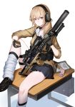  1girl absurdres bag bipod black_footwear black_skirt blonde_hair bullet cellphone desk gloves gun headset highres holding holding_gun holding_phone holding_weapon load_bearing_equipment loafers long_hair loose_socks on_desk original pen phone pleated_skirt red-eyes rifle school_bag school_desk school_uniform scope shirt shoes skirt smartphone sniper_rifle socks solo suppressor vest weapon white_background white_shirt yakupan 