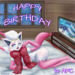  absurd_res anthro bed bedroom_eyes blubluumon breasts butt female fur furniture happy_birthday hi_res hisuian_zorua looking_at_viewer lucario narrowed_eyes nintendo open_mouth pink_body pink_fur pok&eacute;mon pok&eacute;mon_(species) pose red_scarf scarf seductive smile smiling_at_viewer solo television video_games white_body white_fur zabrina_(afc) zorua 