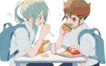  2boys backpack bag black_pants blue_hair breast_pocket brown_eyes brown_hair burger chicken_nuggets collared_shirt commentary_request drinking_straw eating ebi_(shrimp_eleven) endou_mamoru food french_fries hair_between_eyes hair_horns hair_over_one_eye holding holding_burger holding_drinking_straw holding_food holding_straw inazuma_eleven inazuma_eleven_(series) kazemaru_ichirouta looking_at_food lower_teeth_only male_focus milkshake multiple_boys one_eye_covered open_mouth pants pocket ponytail shirt simple_background sitting sweatdrop table teeth tray white_background white_shirt wing_collar 