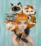  bangs blue_background blue_eyes camilla_d'errico colored domestic_cat entwined_tails felid feline felis female feral fur group hair heterochromia hi_res human light lighting lips mammal markings mixed_breed orange_eyes orange_hair painting_(artwork) persian_cat pointy_ears prick_ears savannah_cat scottish_fold serval shaded simple_background spots spotted_body spotted_fur surrealism tail tail_coil thick_lips traditional_painting_(artwork) whiskers 