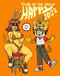  anthro better_version_at_source big_breasts bikini breast_squish breasts chinese_zodiac cleavage clothed clothing costume duo female footwear hi_res lagomorph leporid looking_at_viewer male male/female mammal ponehanon rabbit shoes smile smiling_at_viewer sneakers spread_legs spreading squish swimwear tiger_stripes year_of_the_tiger 