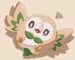  animal_focus artist_name bird black_eyes bright_pupils brown_background commentary_request from_above full_body looking_at_viewer lying no_humans on_back open_mouth pokemon pokemon_(creature) rowlet simple_background squiggle straight-on tongue twitter_username uneven_eyes watermark white_pupils ynmr_ll 