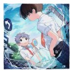  2boys black_eyes black_pants blue_sky border brown_hair building closed_mouth collared_shirt commentary_request cotono_(nazekun) day dutch_angle expressionless fish grey_hair hiyoshi_wakashi jitome male_focus multiple_boys necktie ootori_choutarou open_mouth outdoors pants plaid_clothes plaid_pants power_lines red_necktie road_sign school_uniform shirt short_hair short_sleeves sign sky tennis_no_ouji-sama translation_request utility_pole water white_border white_shirt 