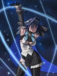  1girl armpits black_gloves black_hair black_skirt black_sleeves black_thighhighs blue_eyes bow bow_earrings breasts chain chain_headband clothing_cutout detached_sleeves earrings gloves highres hololive hololive_english jewelry large_breasts open_mouth ouro_kronii ouro_kronii_(1st_costume) seventeencrows shirt skirt sky solo star_(sky) starry_sky striped_clothes striped_skirt thighhighs underboob_cutout veil vertical-striped_clothes vertical-striped_skirt virtual_youtuber white_shirt 