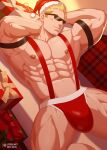  1boy abs alternate_costume bara biceps bulge christmas crestren feet_out_of_frame hand_on_own_neck hat highres jockstrap large_bulge large_pectorals lying male_focus male_underwear muscular muscular_male navel nipples on_back pectorals pokemon red_male_underwear santa_costume santa_hat short_hair solo stomach sunglasses surge_(pokemon) suspenders thick_thighs thighs topless_male underwear 