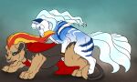  5:3 ambiguous_gender ambiguous_penetrated blonde_hair blue_body blue_ears blue_eyes blue_fur blue_hair blue_nose blush brown_nose butt canid canine cape cheek_tuft clothing duo eyes_closed facial_tuft felid feral feral_on_feral feral_penetrated feral_penetrating feral_penetrating_feral from_behind_position fur glistening glistening_eyes gradient_hair grey_body grey_fur hair hi_res killthe_demon leg_tuft long_hair male male/ambiguous male_penetrating male_penetrating_ambiguous mammal multi_tail obscured_penetration one_eye_closed open_mouth penetration red_hair red_tongue sex side_view striped_back striped_butt stripes tail tan_body tan_fur tongue tuft white_body white_fur white_hair wolfie-feral 