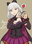  1girl apple bow cape capelet commentary_request detached_collar earrings eiwa elbow_gloves food frills fruit glint gloves hair_bow hair_ornament hair_ribbon hands_up heart heart_hands highres jewelry juliet_sleeves layered_skirt long_sleeves looking_at_viewer official_art puffy_short_sleeves puffy_sleeves purple_eyes queen&#039;s_blade queen&#039;s_blade_grimoire ribbon short_sleeves skirt smile snow_white_(queen&#039;s_blade) solo white_hair 