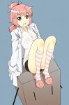  1girl character_request full_body hosshi_(nariagari) labcoat looking_at_viewer pink_hair short_hair simple_background smile solo 
