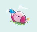  bird blue_bird blush bug butterfly closed_eyes cloud cloudy_sky commentary daycolours english_commentary grass kirby kirby_(series) sky smile wings 