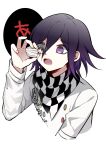  2boys absurdres ahoge bangs black_background black_hair black_scarf buttons checkered_clothes checkered_scarf chibi commentary_request cropped_torso danganronpa_(series) danganronpa_v3:_killing_harmony eyebrows_visible_through_hair flipped_hair hair_between_eyes highres holding holding_person imminent_vore jacket long_sleeves male_focus multiple_boys open_mouth purple_eyes purple_hair qiao_xing saihara_shuuichi scarf short_hair simple_background teeth translated upper_teeth white_background white_scarf 