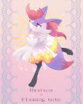  1girl absurdres alternate_color animal_ear_fluff animal_ears animal_feet animal_hands animal_nose arm_up artist_name black_fur body_fur braixen character_name clothed_pokemon commentary_request dress english_commentary english_text fire flat_chest fox_ears fox_girl fox_tail from_side fur_collar furry furry_female gradient gradient_background half-closed_eyes highres kiri_leonotis leg_up mixed-language_commentary open_mouth outline partial_commentary pokemon pokemon_(creature) purple_fur red_eyes shiny_pokemon short_dress signature snout solo standing standing_on_one_leg strapless strapless_dress tail tutu white_dress white_fur white_outline 