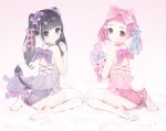  2girls ass babydoll back_bow bare_shoulders black_hair blue_ribbon bow choker demon_tail from_behind hair_bow hair_ribbon highres holding holding_stuffed_toy looking_at_viewer looking_back multiple_girls original parted_lips petite pink_bow pink_choker pink_hair purple_bow purple_choker purple_eyes ribbon sitting stuffed_animal stuffed_bunny stuffed_toy tail tail_bow tail_ornament thighhighs twintails wariza white_legwear yd_(orange_maru) 