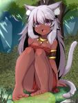  1girl :d ahoge animal_ear_fluff animal_ears bangs barefoot cat_ears cat_girl cat_tail dark-skinned_female dark_skin eyebrows_visible_through_hair facial_mark feet grey_hair hair_between_eyes highres jewelry long_hair looking_at_viewer multiple_tails necklace ocha_no_mae original purple_eyes sitting smile soles solo tail tail_raised toes whisker_markings 