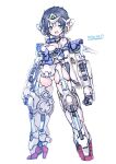  1girl black_hair boots breasts clenched_hands extra_arms green_eyes gundam gundam_00 gundam_exia highres mecha_musume mechanical_arms medium_breasts metal_boots open_hands open_mouth personification rondo_bell short_hair smile solo standing thigh_boots thighhighs v-fin 