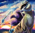  cloud commentary_request electricity fangs highres no_humans open_mouth outdoors penta_oekaki pink_eyes pokemon pokemon_(creature) raikou solo sunset tusks twilight 