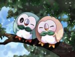  ^_^ alternate_color animal_focus artist_name bird black_eyes blue_sky bright_pupils closed_eyes closed_mouth commentary_request dappled_sunlight day full_body happy in_tree no_humans one_eye_closed outdoors pokemon pokemon_(creature) rowlet shiny_pokemon sky sunlight tree twitter_username watermark white_pupils ynmr_ll 