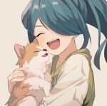 1boy animal blue_hair blush closed_eyes commentary_request cream_background dog dot_nose drawstring ebi_(shrimp_eleven) fang hair_over_one_eye holding holding_animal holding_dog hood hood_down hoodie inazuma_eleven inazuma_eleven_(series) kazemaru_ichirouta male_focus one_eye_covered open_mouth otoko_no_ko ponytail simple_background solo teeth tongue upper_body upper_teeth_only 