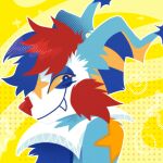  2024 abstract_background ambiguous_gender anthro bat blue_body blue_eyes blue_fur blue_hair blue_inner_ear bust_portrait cheek_tuft clown digital_drawing_(artwork) digital_media_(artwork) facial_tuft fur hair jaspering lineless looking_at_viewer mammal markings mischievous_smile multicolored_hair narrowed_eyes outline portrait red_body red_fur red_hair red_nose ruff_(clothing) screentone side_view smile snout solo star_(marking) striped_inner_ear tuft two_tone_hair two_tone_inner_ear white_body white_fur white_outline yellow_inner_ear yellow_markings yellow_sclera 