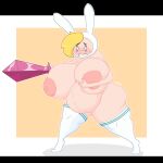 adventure_time alyaska2201 belly big_breasts big_butt bottom_heavy breast_grab breasts butt cartoon_network clothing fake_ears female fionna_and_cake fionna_the_human hand_on_breast hi_res holding_breast human human_only legwear mammal melee_weapon not_furry pregnant shocked shy solo stockings sword tights weapon