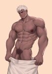  1boy abs areolae bara dark-skinned_male dark_skin facial_hair feet_out_of_frame flaccid frown goatee highres kjinal large_areolae large_pectorals male_focus mature_male muscular muscular_male naked_towel navel navel_hair nipples original pectorals penis penis_peek short_hair solo standing stomach thick_eyebrows thighs topless_male towel uncensored undressing veins veiny_penis 
