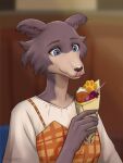  2021 absurd_res anthro beastars blue_eyes canid canine canis cheek_tuft clothed clothing dessert facial_tuft female food hi_res holding_object ice_cream juno_(beastars) long_neck mammal multicolored_body signature smile solo tongue tongue_out tuft tvard two_tone_body wolf 