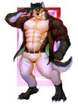  abs absurd_res anthro archermagnum big_arms big_chest black_body black_fur blue_hair blue_markings bottomwear canid canine canis clothed clothing fur fur_markings hair hi_res lightbulb male mammal markings muscular muscular_male o_reowoof open_bottomwear open_clothing open_pants open_shirt open_topwear pants shirt solo thunderrangers topwear triceps underwear white_body wolf yellow_eyes 