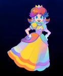  1girl :d blue_eyes blush brown_hair crown denaseey dress earrings english_commentary eyebrows_visible_through_hair flower_earrings full_body gloves hands_on_hips highres jewelry looking_at_viewer mario_(series) open_mouth princess_daisy smile solo white_gloves 