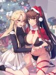  2girls alternate_costume alternate_hair_ornament bikini black_bikini black_shirt black_socks blonde_hair blue_eyes box breast_press breasts brown_hair capelet christmas christmas_ornaments christmas_tree fur-trimmed_capelet fur-trimmed_headwear fur_trim gift gift_box grey_skirt hair_intakes hair_ornament hat high-waist_skirt highres himeyamato indoors iowa_(kancolle) jewelry kantai_collection large_breasts long_hair long_sleeves multiple_girls navel open_mouth ponytail red_capelet red_eyes revision ring santa_hat shirt side-tie_bikini_bottom sidelocks skirt socks star-shaped_pupils star_(symbol) star_hair_ornament swimsuit symbol-shaped_pupils symmetrical_docking very_long_hair wedding_ring wife_and_wife wrist_cuffs yamato_(kancolle) yuri 