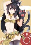  1girl :o ahoge animal_ear_fluff animal_ears animal_hands animal_print arm_up armpits bangs black_hair black_panties breasts cat_ears cat_girl cat_tail chinese_zodiac eyebrows_visible_through_hair gloves hair_between_eyes hand_up high-waist_panties highres jewelry long_hair looking_at_viewer medium_breasts multiple_tails navel necklace ocha_no_mae original panties paw_gloves red_eyes simple_background solo tail tail_raised thighhighs tiger_print tiger_stripes underwear year_of_the_tiger 
