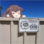  1girl :3 ^_^ animal_ears animal_print blue_sky bone_hair_ornament brown_hair bulldog closed_eyes collar dog_ears dog_girl dog_print dog_tail english_commentary english_text fence hair_ornament head_only highres hololive house inugami_korone kiettxuan light_blush motion_lines on_fence open_mouth paw_pose sign sky smile solo spiked_collar spikes tail tail_wagging 