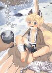  1boy absurdres ailu animal_ears barefoot blonde_hair blue_eyes blush bokustar_fox chinese_zodiac cub cup day extra_ears fox_boy fox_ears fox_tail happy_new_year highres male_focus multiple_tails new_year open_mouth original outdoors smile snow tail tea teacup tiger tiger_cub two_tails white_tiger winter year_of_the_tiger 