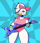  2021 absurd_res accessory anthro avian beak bird blue_eyes chicken chromatic_aberration clothed clothing ear_piercing ear_ring feathers female five_nights_at_freddy&#039;s five_nights_at_freddy&#039;s:_security_breach galliform gallus_(genus) glamrock_chica_(fnaf) guitar hair_accessory hair_ribbon hi_res kooriki looking_at_viewer machine musical_instrument one_eye_closed phasianid piercing plucked_string_instrument ribbons robot scottgames smile solo string_instrument video_games white_body wink 