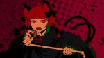  1girl absurdres animal_ear_fluff animal_ears arano_oki black_bow black_dress bow braid cat_ears cat_tail dress fang highres holding holding_microphone holding_microphone_stand kaenbyou_rin microphone microphone_stand multiple_tails open_mouth petals red_background red_eyes red_hair screaming simple_background solo tail touhou twin_braids two_tails 