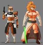  1boy 1girl abs armor bandages bare_shoulders blue_eyes boots breasts brown_boots closed_mouth colored_eyepatch commander_cody commentary energy_sword english_commentary eyepatch full_armor full_body green_lightsaber grey_background gun hair_tie helmet highres holding holding_gun holding_weapon jauntyweb knee_boots lightsaber long_hair looking_at_viewer may_the_4th muscular muscular_female navel one_eye_covered orange_hair orange_helmet original ponytail shadow standing star_wars sword weapon zess_(zestyjesus) 