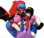  1990s_(style) 3girls animal_print bat_print bat_wings black_hair blue_hair blue_pantyhose bridal_gauntlets brown_eyes dark-skinned_female dark_skin darkstalkers demon_wings earrings ele_(star_gladiator) finger_to_mouth fingerless_gloves gloves grin hairband hat head_wings highres ishikawa_hideki jewelry leotard lilith_(darkstalkers) long_pointy_ears luca_(star_gladiator) medium_hair multiple_girls multiple_wings navel non-web_source official_art pantyhose pointy_ears purple_hair red_eyes red_leotard red_wings retro_artstyle scan short_hair simple_background smile star_gladiator white_background wings yellow_eyes 