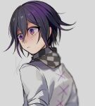  1boy bangs black_hair black_scarf blush checkered_clothes checkered_scarf danganronpa_(series) danganronpa_v3:_killing_harmony eyebrows_visible_through_hair grey_background grey_scarf hair_between_eyes highres huyuharu0214 long_sleeves looking_to_the_side male_focus ouma_kokichi parted_lips purple_hair scarf shiny shiny_hair short_hair signature simple_background smile solo sweat teeth upper_body white_background 