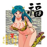  1girl 2021 adjusting_clothes adjusting_swimsuit bangs bikini blue_eyes boots breasts cleavage commentary_request eyebrows_visible_through_hair fingernails green_hair horns knee_boots kneeling large_breasts leaning_forward long_hair looking_at_viewer lum nakamura_3sou navel new_year oni_horns open_mouth outside_border pointy_ears print_bikini print_footwear sharp_fingernails smile solo swimsuit thigh_gap tiger_stripes translated urusei_yatsura yellow_bikini yellow_footwear 