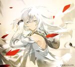  1girl armpits arms_up bright_background copyright_name cropped_torso floating floating_hair floating_object hands_on_own_head highres hood jacket know_name leaf light_smile long_hair nikiie off_shoulder official_art red_leaf so-bin standing toho_(film_company) turning_head white_eyes white_hair white_jacket 