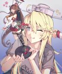  2girls alternate_costume black_socks black_thighhighs blonde_hair breasts brown_hair cherry_blossoms clothes_writing clothing_cutout detached_sleeves female_pervert figure flower grey_shirt hair_between_eyes hair_flower hair_ornament headgear highres himeyamato hip_vent iowa_(kancolle) kantai_collection large_breasts long_hair miniskirt multiple_girls oil-paper_umbrella one_eye_closed pervert pleated_skirt ponytail purple_eyes red_skirt red_umbrella sakuramon shirt side_cutout single_thighhigh skirt socks solo_focus star-shaped_pupils star_(symbol) symbol-shaped_pupils t-shirt thighhighs umbrella very_long_hair yamato_(kancolle) yamato_kai_(kancolle) z_flag 