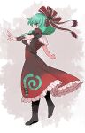  1girl arm_ribbon black_boots boots bow dress frilled_dress frills front_ponytail full_body green_eyes green_hair hair_bow hair_ribbon highres kagiyama_hina kurachi_mizuki looking_at_viewer red_bow red_dress red_ribbon ribbon touhou 