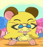 artist_logo blush brown_body brown_fur cricetid duo eyes_closed eyewear eyewear_on_head female female_feral feral fur generation_2_pokemon goggles goggles_on_head hamster hamtaro_(series) hi_res holding_partner hug logo macro male male_feral mammal nintendo penelope_(hamtaro) pichu pichu90 pokemon pokemon_(species) rodent size_difference sparks_pichu yellow_body yellow_fur