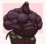  2021 abs anthro bare_chest belly biceps big_belly big_muscles black_body body_hair border bottomwear camo canid canine canis chest_hair clothed clothing dante_(lizard_soup) digital_media_(artwork) ear_piercing ears_up eyebrows facial_piercing hair hand_on_stomach happy_trail humanoid_hands lizard_soup looking_down male mammal musclegut muscular muscular_anthro muscular_male navel nipple_piercing nipples nose_piercing overweight overweight_anthro overweight_male partially_clothed pecs piercing raised_eyebrow simple_background solo topless topless_male white_border yellow_sclera 
